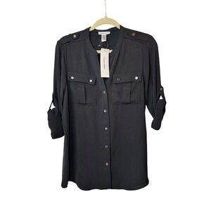 Calvin Klein Black Utility Button-Up Shirt with Silver Buttons M NWT